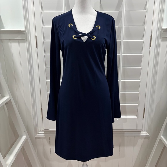 Michael Kors Lace Up Bell Sleeve Stretch Cocktail Dress in True Navy - Picture 4 of 8